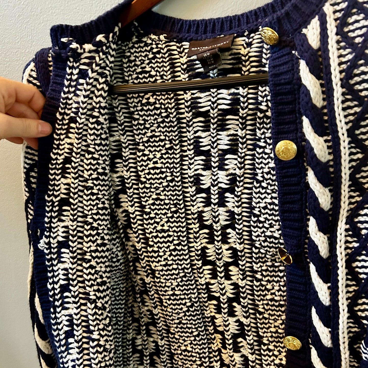 Martha Stewart Navy White Cable Knit Cardigan Sweater M