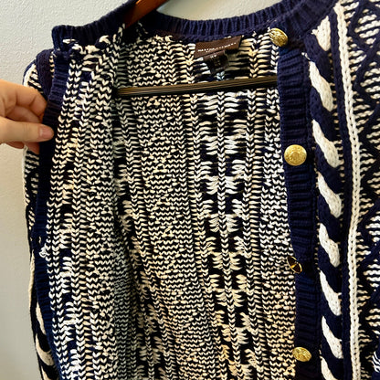 Martha Stewart Navy White Cable Knit Cardigan Sweater M