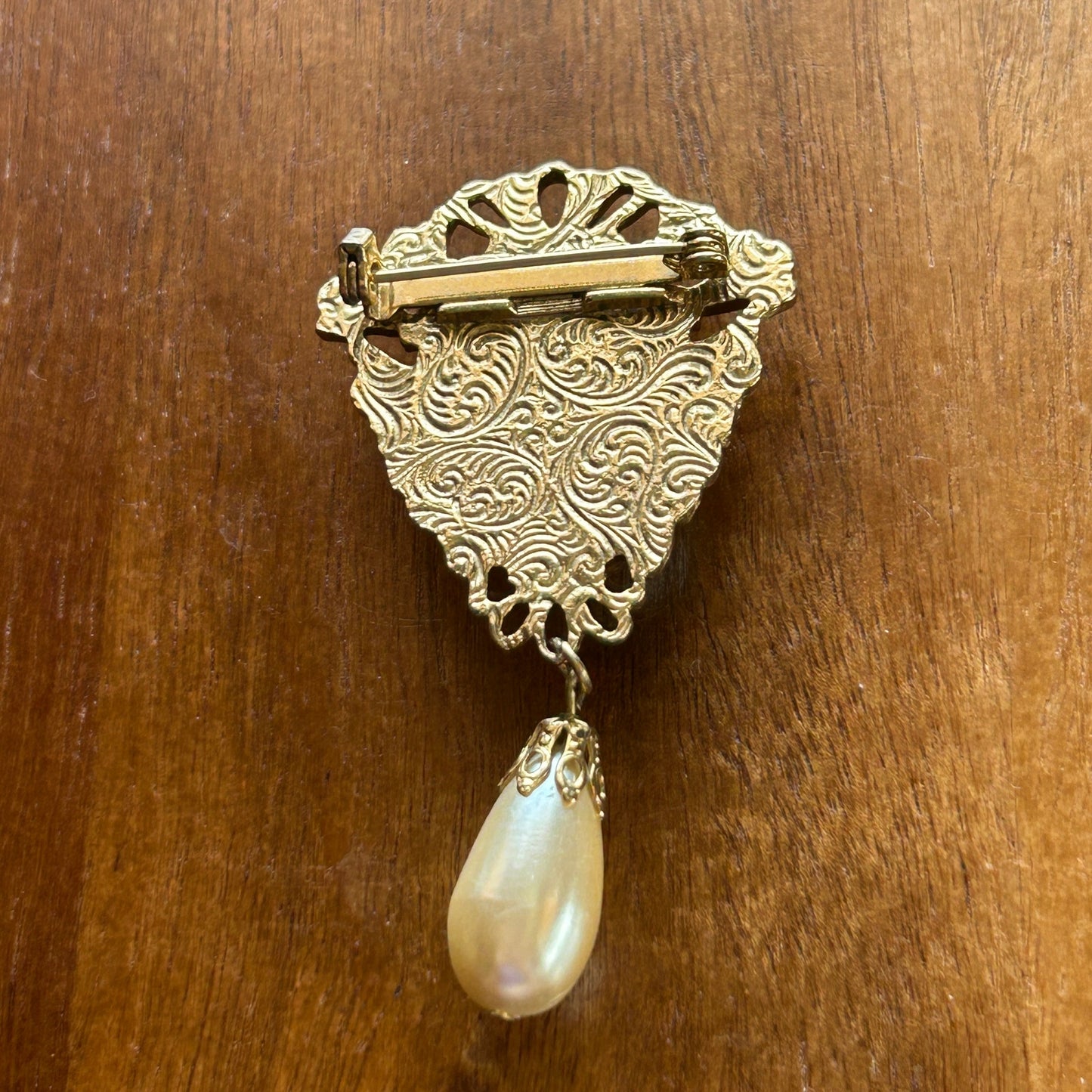 Vintage Ornate Gold Tone Faux Pearl Drop Brooch | Victorian Filigree Dangle Pin