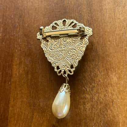 Vintage Ornate Gold Tone Faux Pearl Drop Brooch | Victorian Filigree Dangle Pin