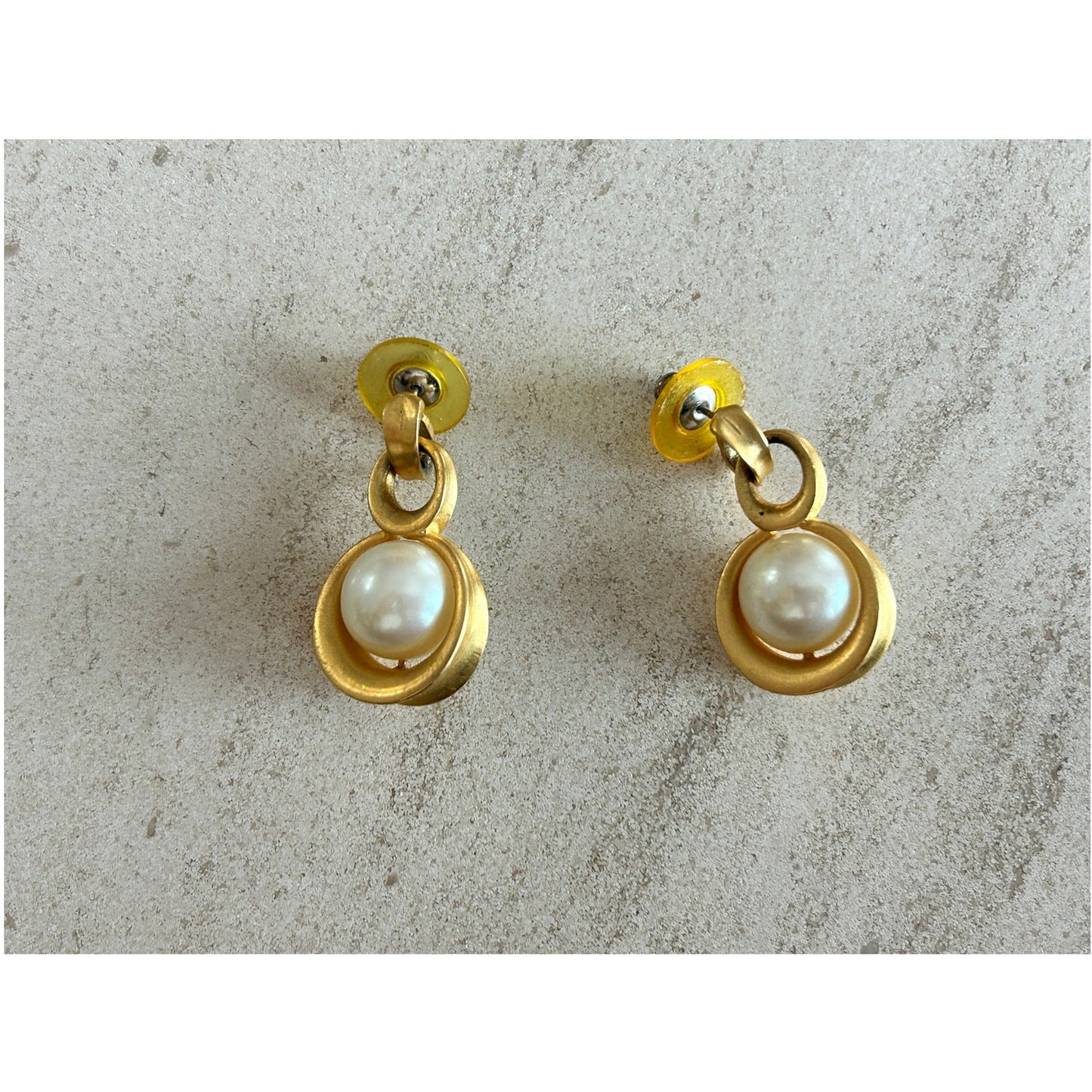 Gold and Faux Pearl Drop Earrings, Pierced, Vintage
