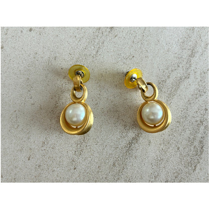 Gold and Faux Pearl Drop Earrings, Pierced, Vintage