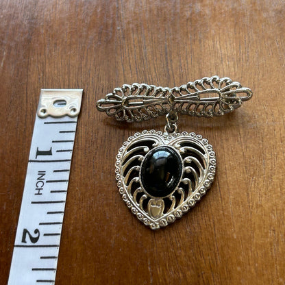 Vintage Art Deco Filigree Heart & Bar Brooch | Silver Black Cabochon Dangle Pin