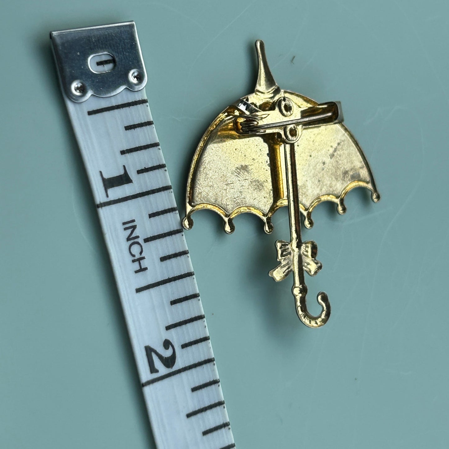 Vintage Glitter Enamel Umbrella Brooch | Gold Tone Purple & Blue Parasol Pin | Whimsical Rainy Day Jewelry