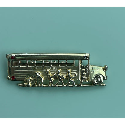 Vintage Gold Tone School Bus Brooch Pin with Red and Clear Rhinestone Accents