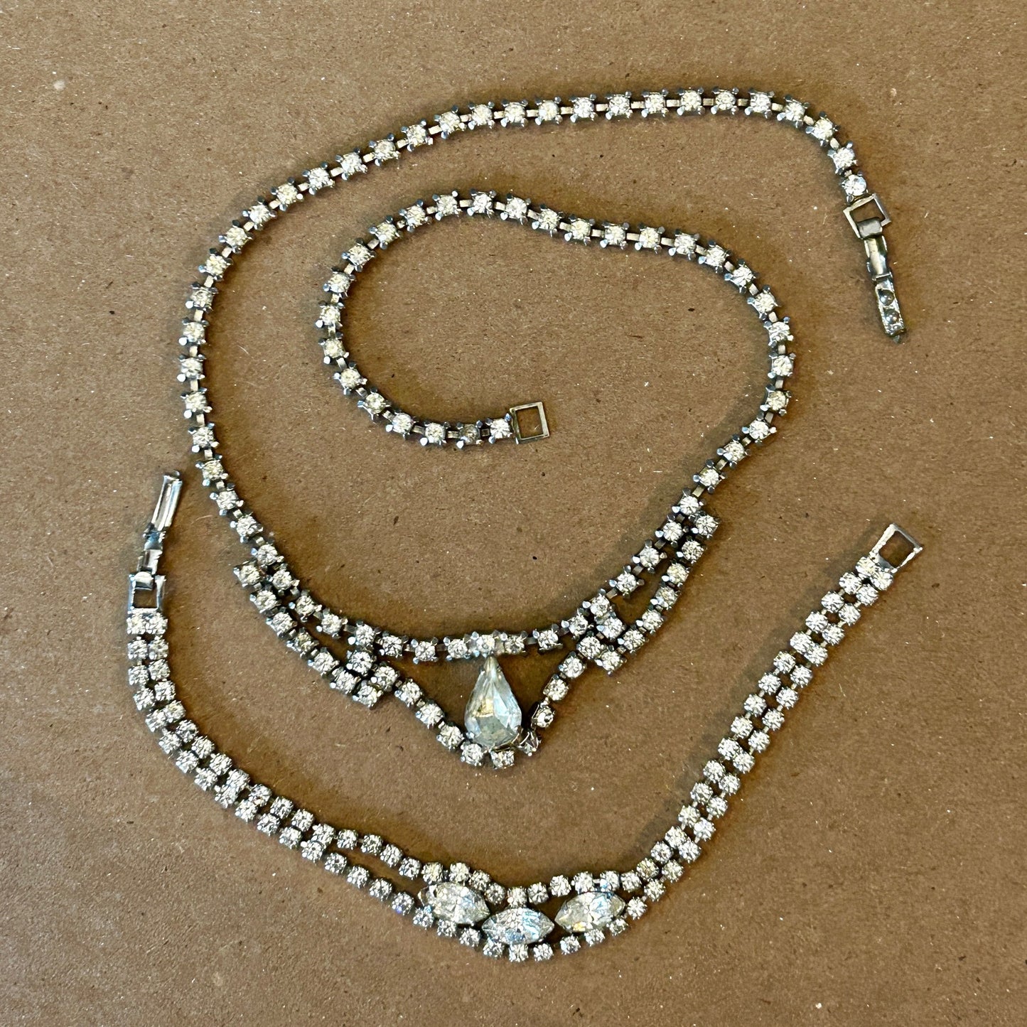 Vintage Silver Tone Rhinestone Necklace & Bracelet Set