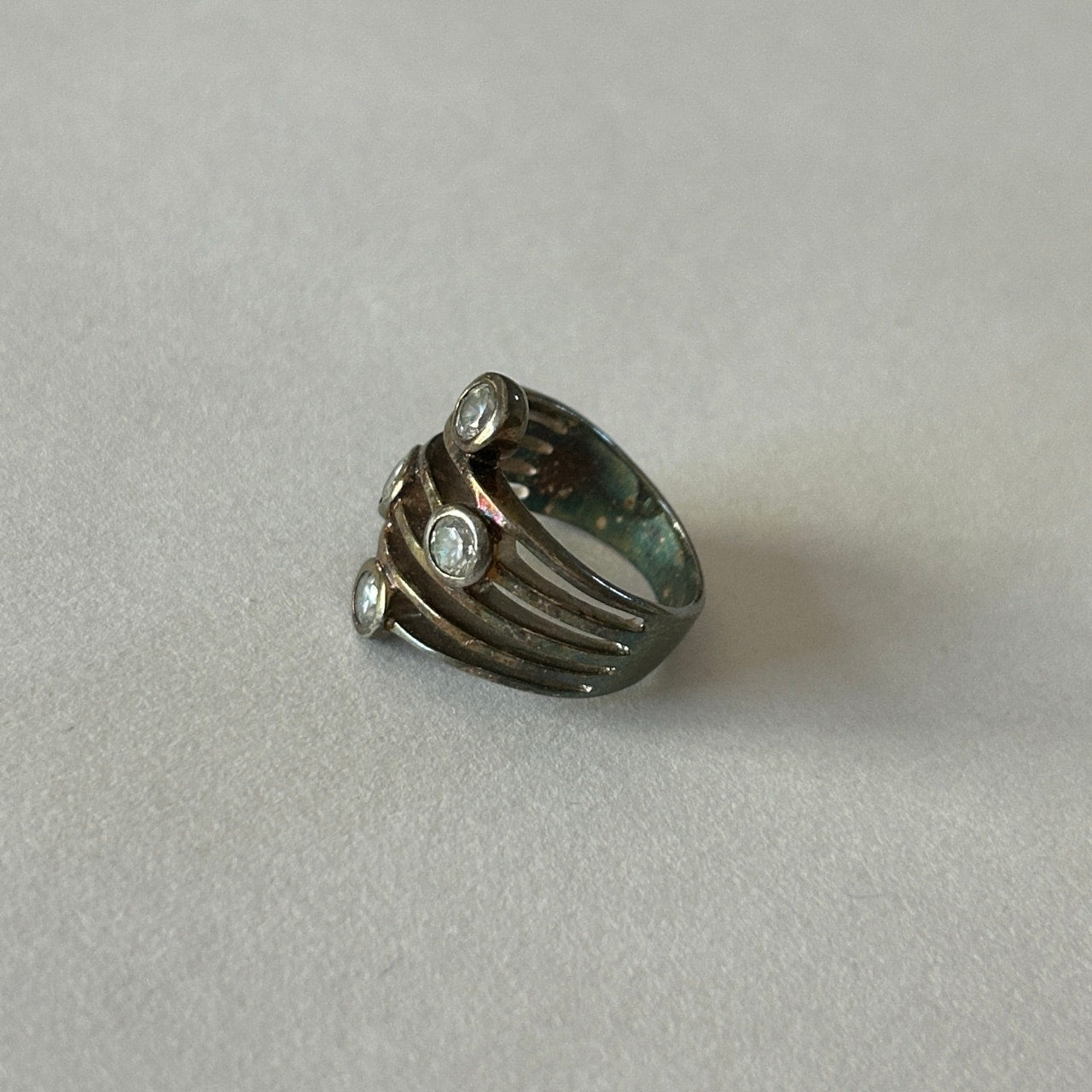 Silver-Tone Multi-Band Ring 4 Clear Stone Accents Size 6.5/7