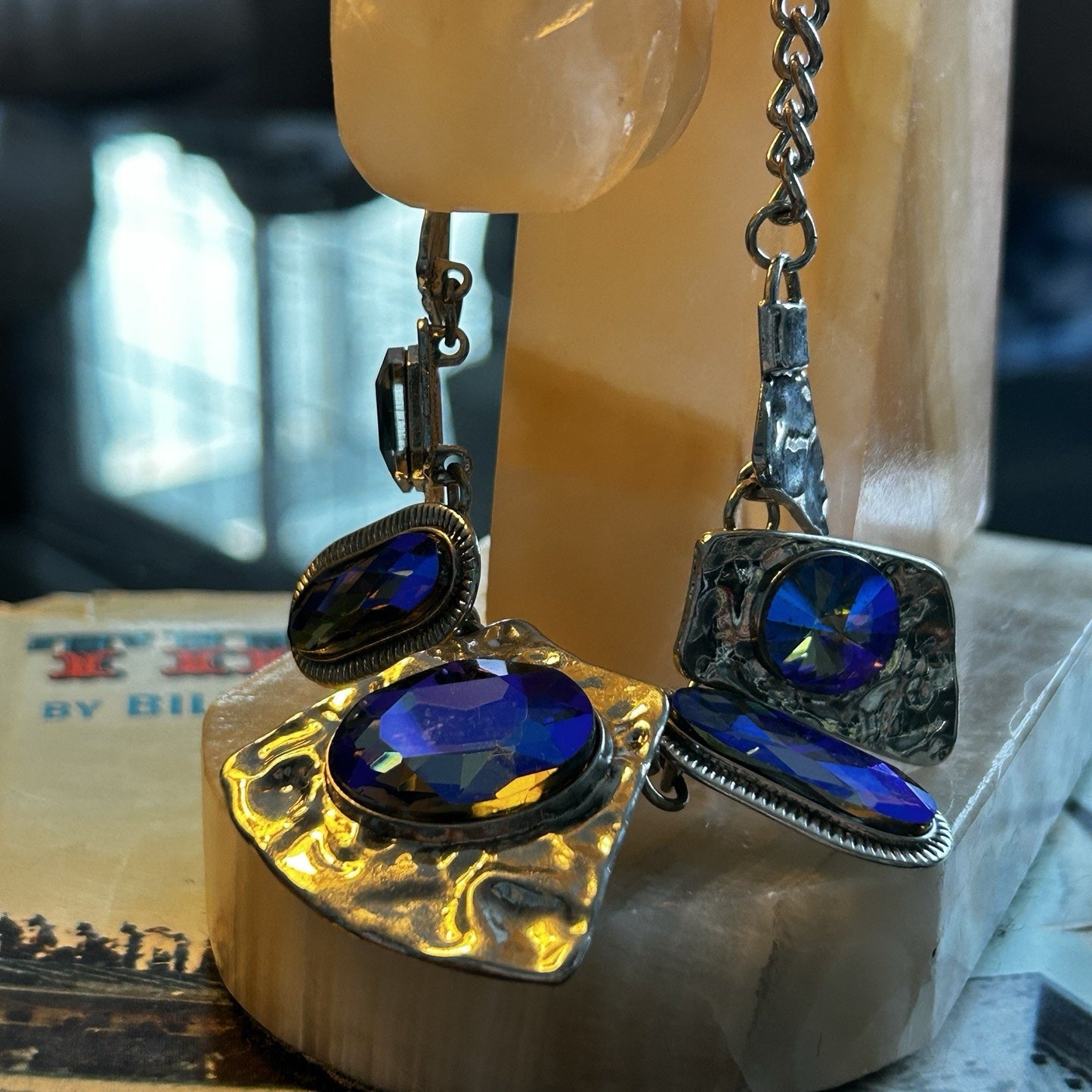 Statement Necklace Blue Glass Oval Stones Metal Bezel Asymmetrical Pendant Women
