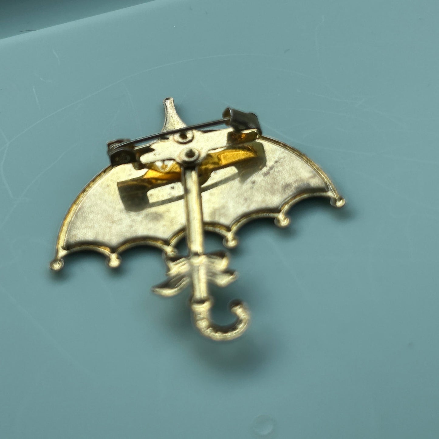 Vintage Glitter Enamel Umbrella Brooch | Gold Tone Purple & Blue Parasol Pin | Whimsical Rainy Day Jewelry