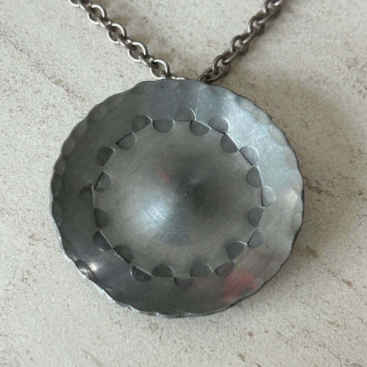 Vintage Modernist Hammered Silver Disc Pendant Necklace - Scalloped Edge - 18"