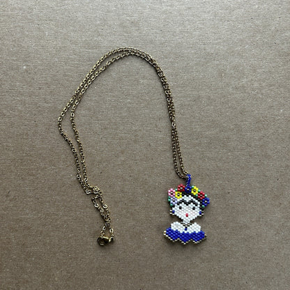 Gold Cable Chain Necklace with Multicolor Beaded Freida Kahlo Pendant, Handmade
