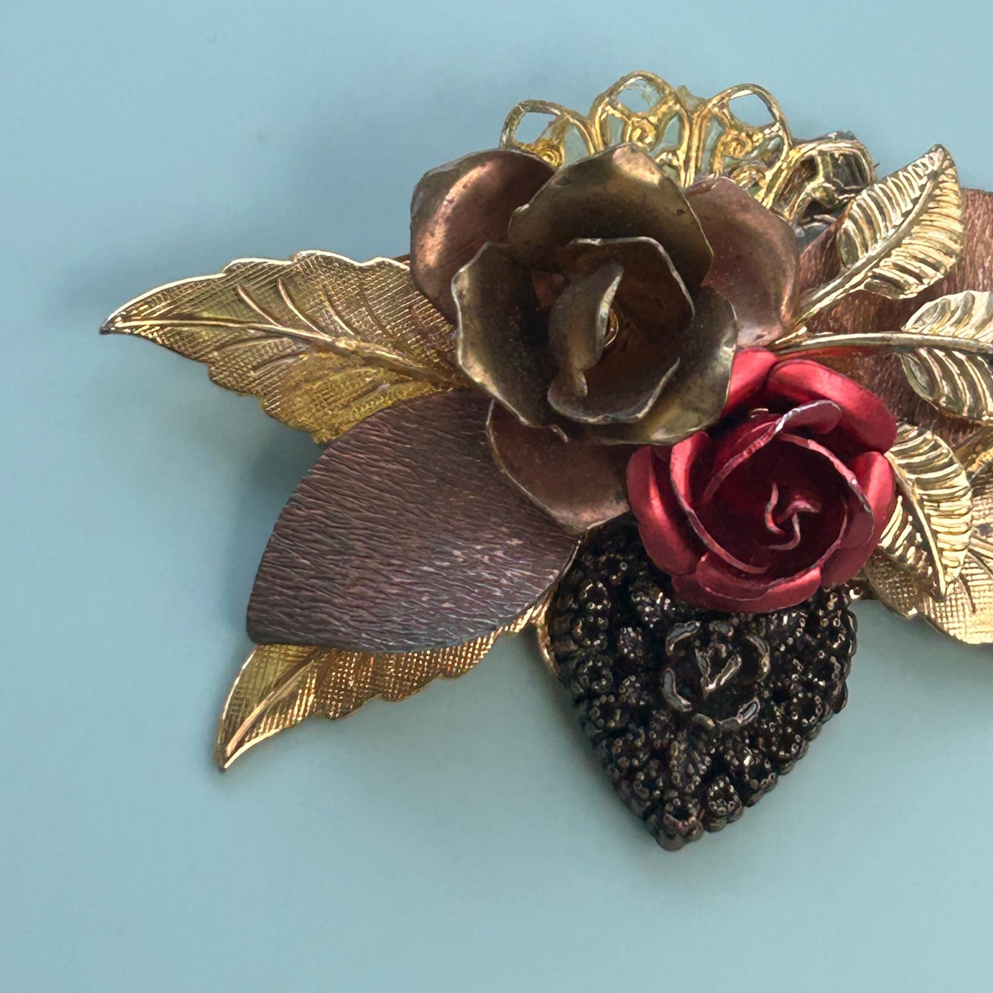 Vintage Mixed Metal Rose Brooch Gold Copper and Red Enamel Floral Pin