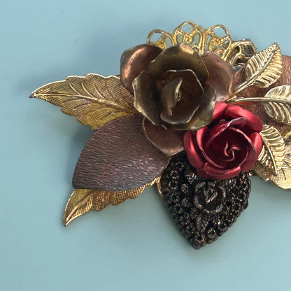 Vintage Mixed Metal Rose Brooch Gold Copper and Red Enamel Floral Pin