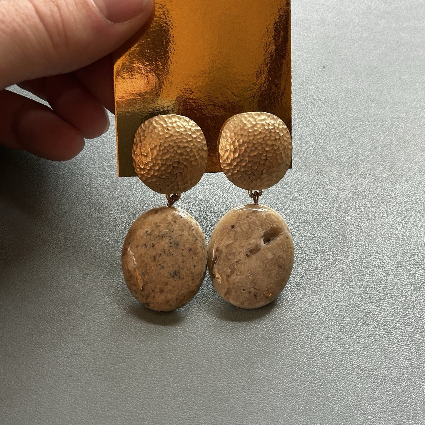Handcrafted Oval Stone Metal Dangle Earrings Clip-On Beige Gold for Women