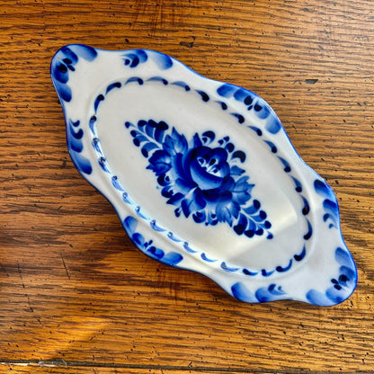 Authentic Vintage Gzhel Russian Porcelain Floral Relish Dish, No Chips