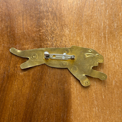 Vintage Mixed Metal Lion Brooch | Brass & Silver Tone Running Lion Pin | Mid-Century Modern Animal Jewelry