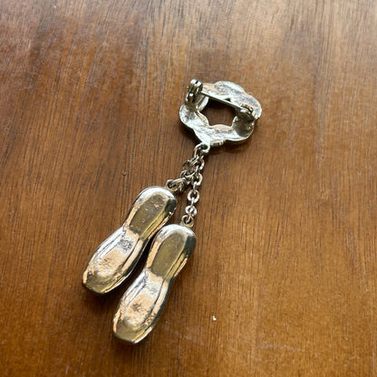 Vintage Silver Tone Ballerina Slipper Brooch, Dangling Ballet Flat Charm Pin