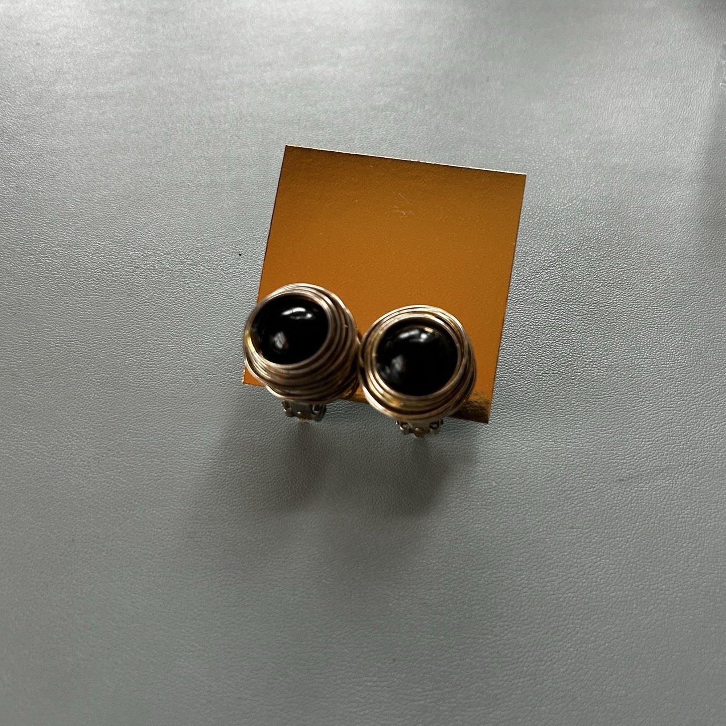 Vintage Clip-On Gold Tone Stud Earrings Black Cabochon Round Fashion