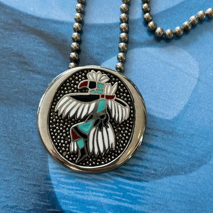 Round Enamel Native Bird Pendant Necklace with Chain, Silver, Turquoise & Red