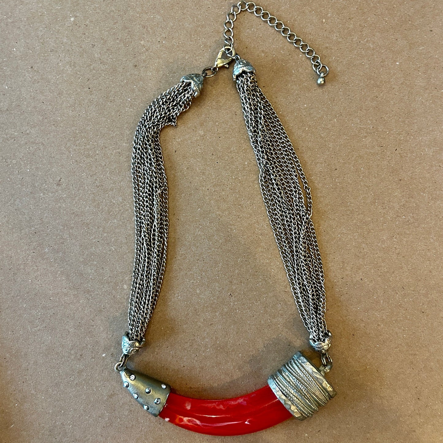 Vintage Red Resin Horn Pendant Multi-Strand Chain Necklace