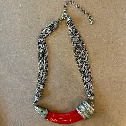 Vintage Red Resin Horn Pendant Multi-Strand Chain Necklace