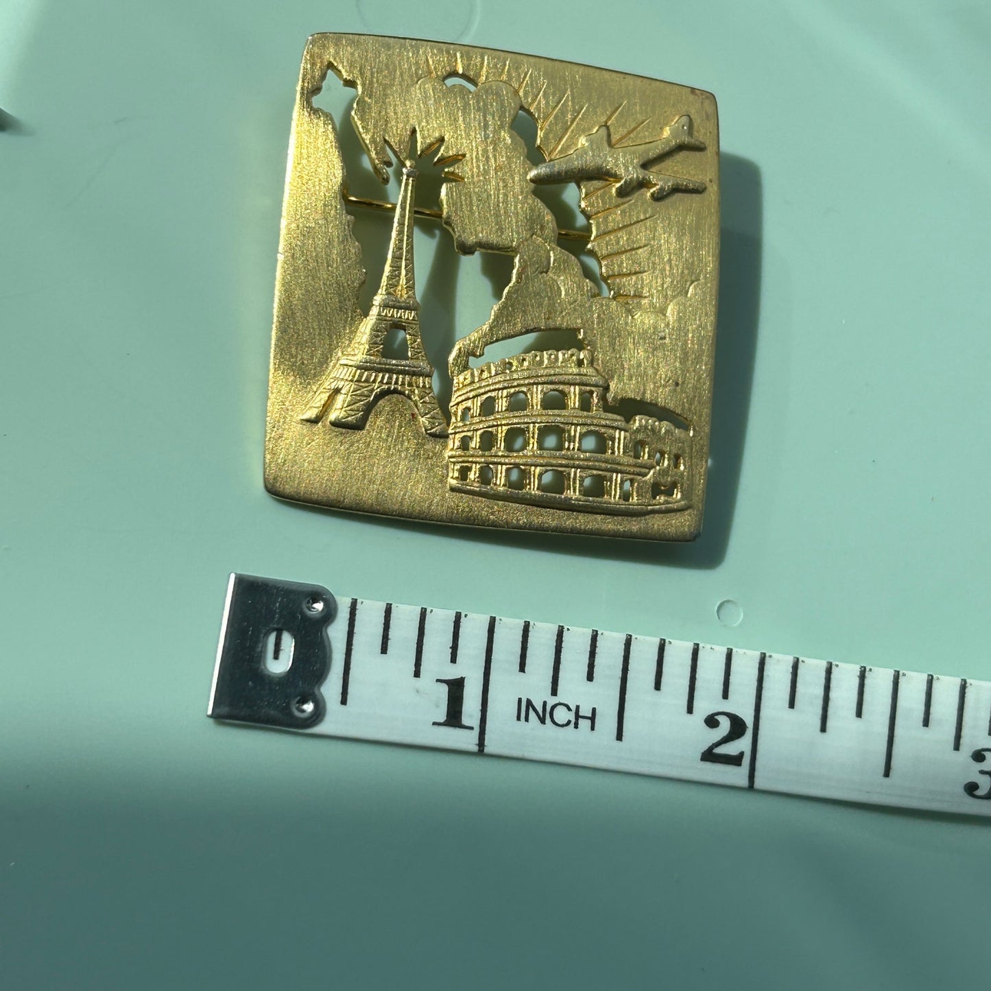 Vintage Gold-Tone World Travel Brooch | Cut-Out Silhouette Pin | Eiffel Tower