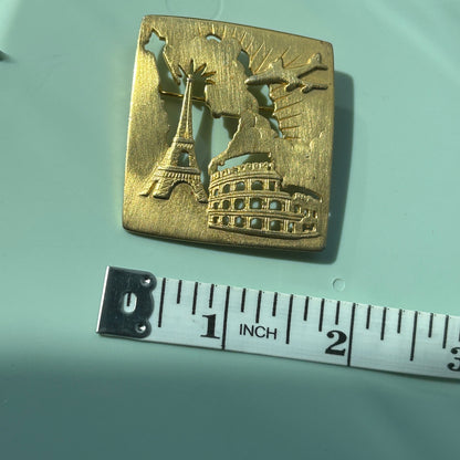 Vintage Gold-Tone World Travel Brooch | Cut-Out Silhouette Pin | Eiffel Tower