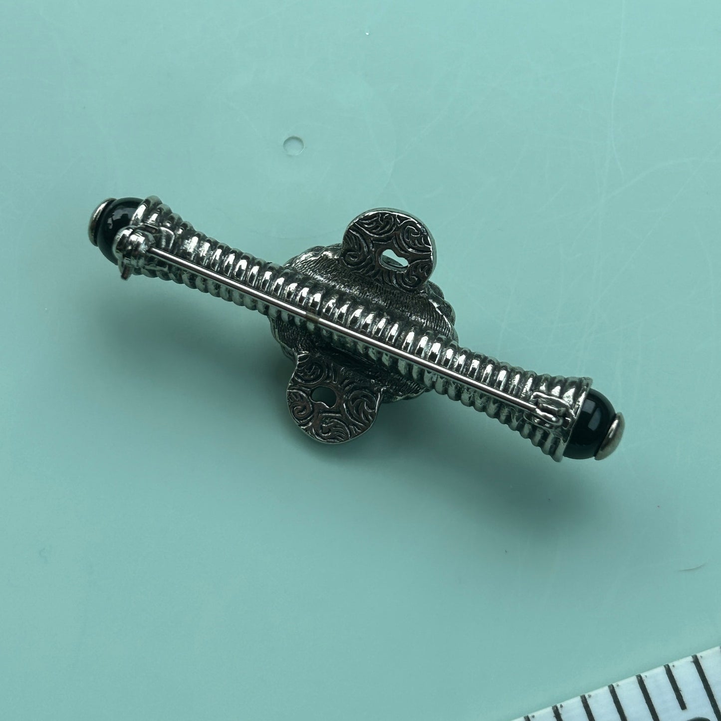 Vintage Art Deco Style Silver-Tone Bar Pin | Metal with Black & White Cabochon