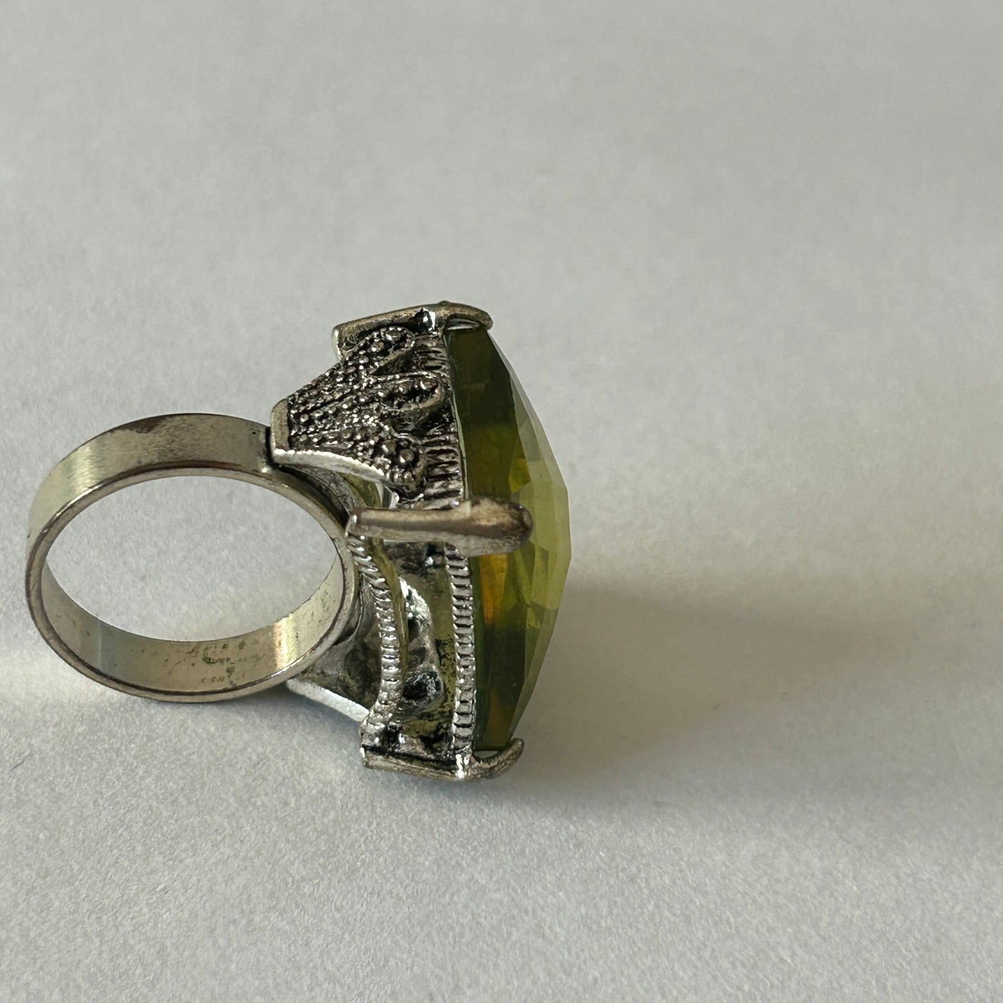 Large Cocktail Ring Pale Yellow-Green Faceted Stone Gothic Setting Size 8