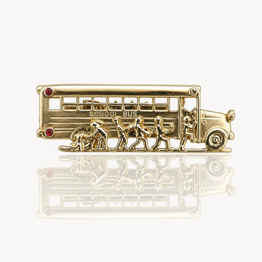 Vintage Gold Tone School Bus Brooch Pin with Red and Clear Rhinestone Accents