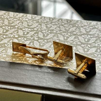 Gold Tone Men's Cufflinks and Tie Clip Set with 'T' Monogram, Metal, Customized