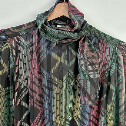 NICOLA Multicolor Geometric Chiffon Tie Neck Long Sleeve Blouse Size 8 Polyester