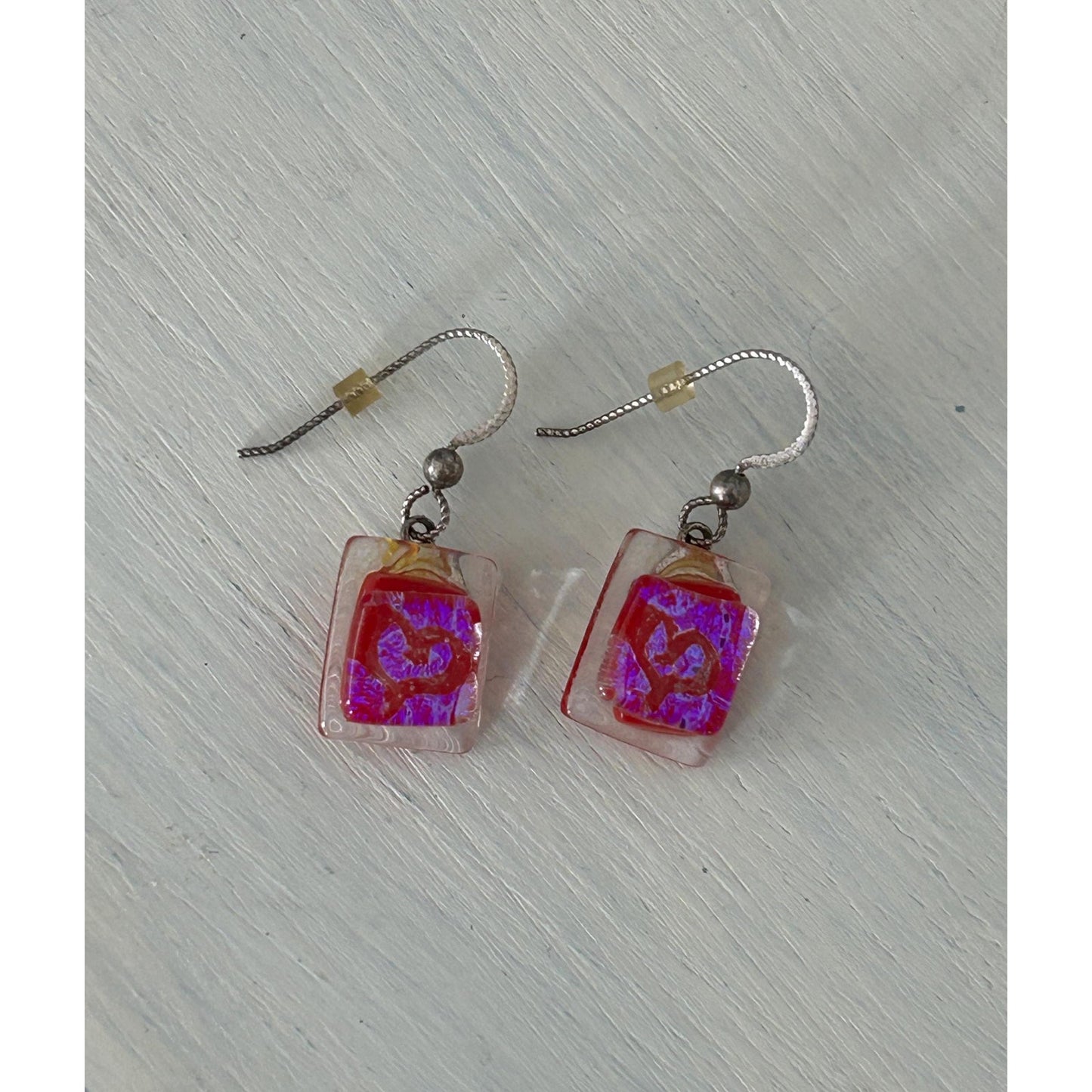 Handmade Red and Purple Dichroic Fused Glass Drop Earrings
