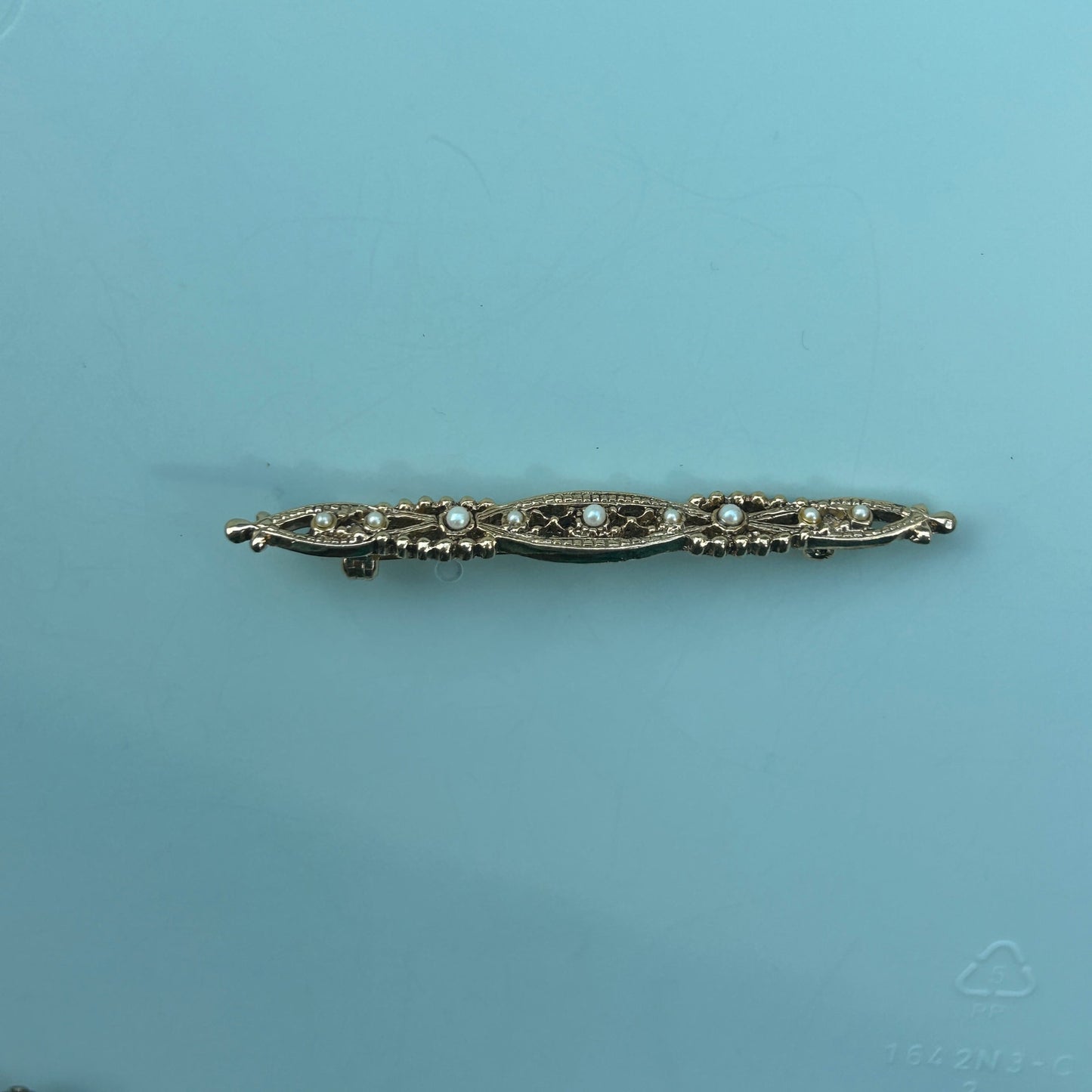 Vintage Gold Tone Filigree Bar Brooch with Faux Pearl Accents Elegant Bar Pin