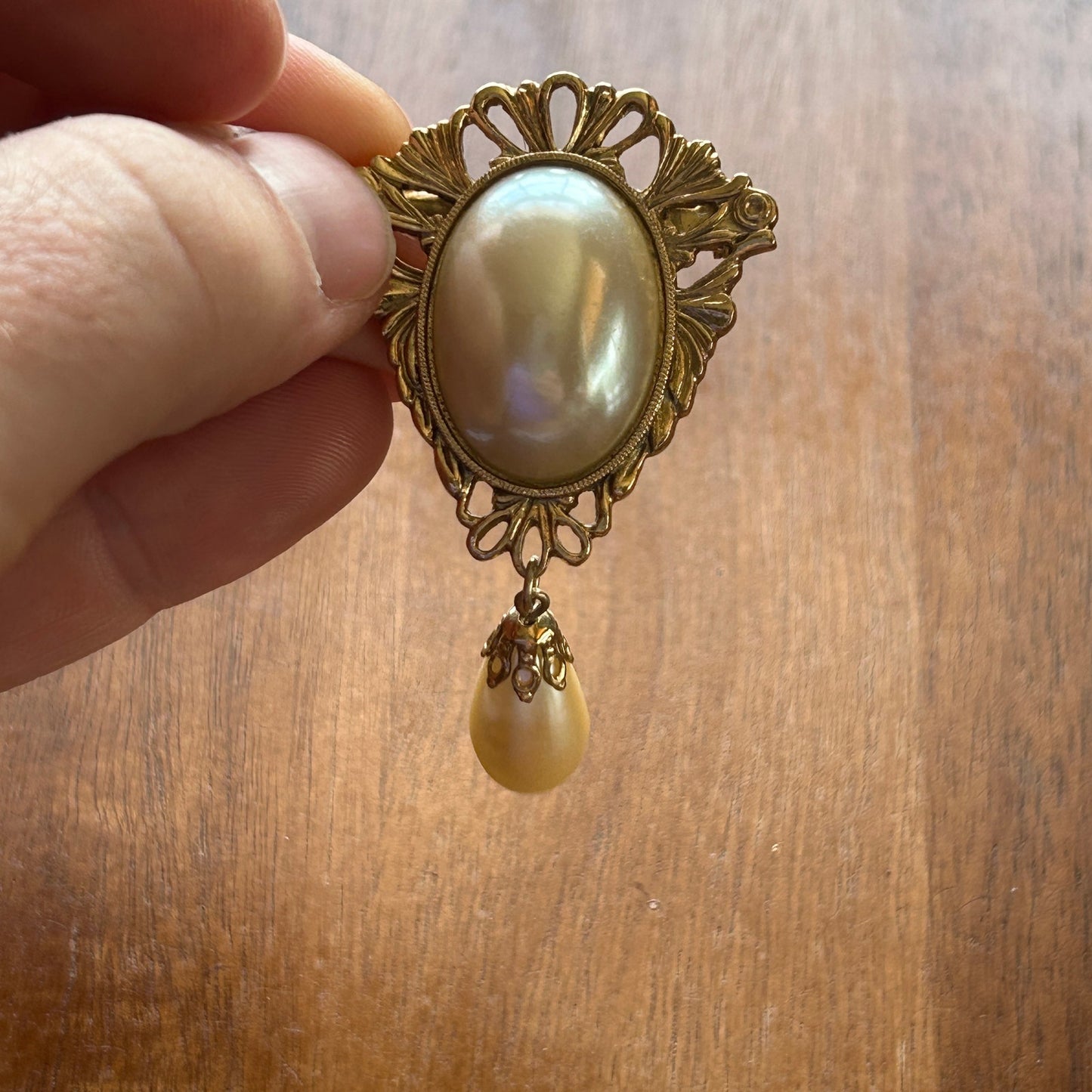 Vintage Ornate Gold Tone Faux Pearl Drop Brooch | Victorian Filigree Dangle Pin