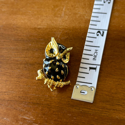 Vintage Enamel Owl Brooch | Gold Tone & Black Mid-Century Bird Pin, Owl Jewelry