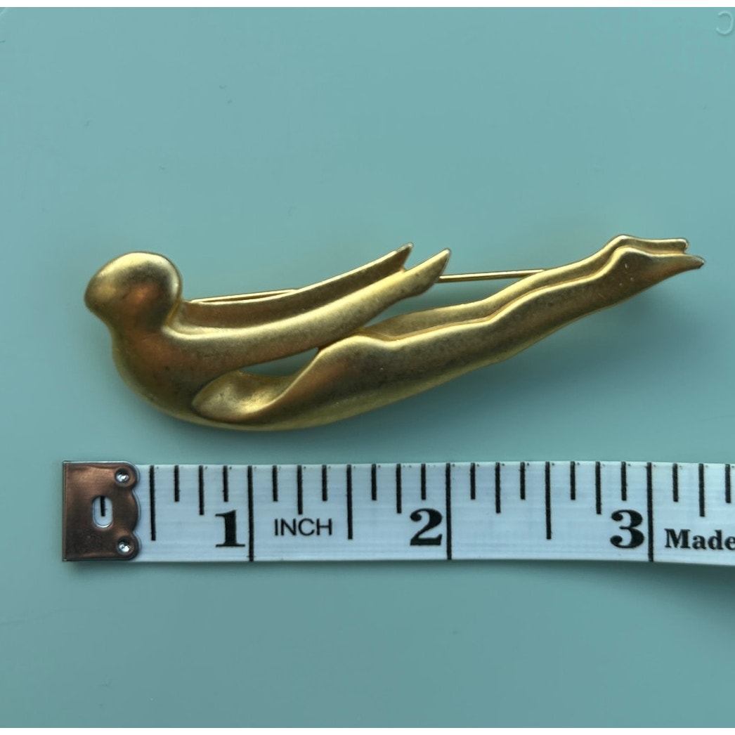 Vintage Signed AJC Matte Gold Tone Swimmer Brooch | Stylized Diving Woman Pin | Mid-Century Modern