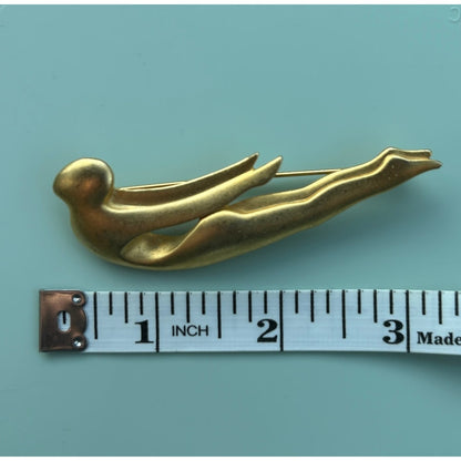 Vintage Signed AJC Matte Gold Tone Swimmer Brooch | Stylized Diving Woman Pin | Mid-Century Modern