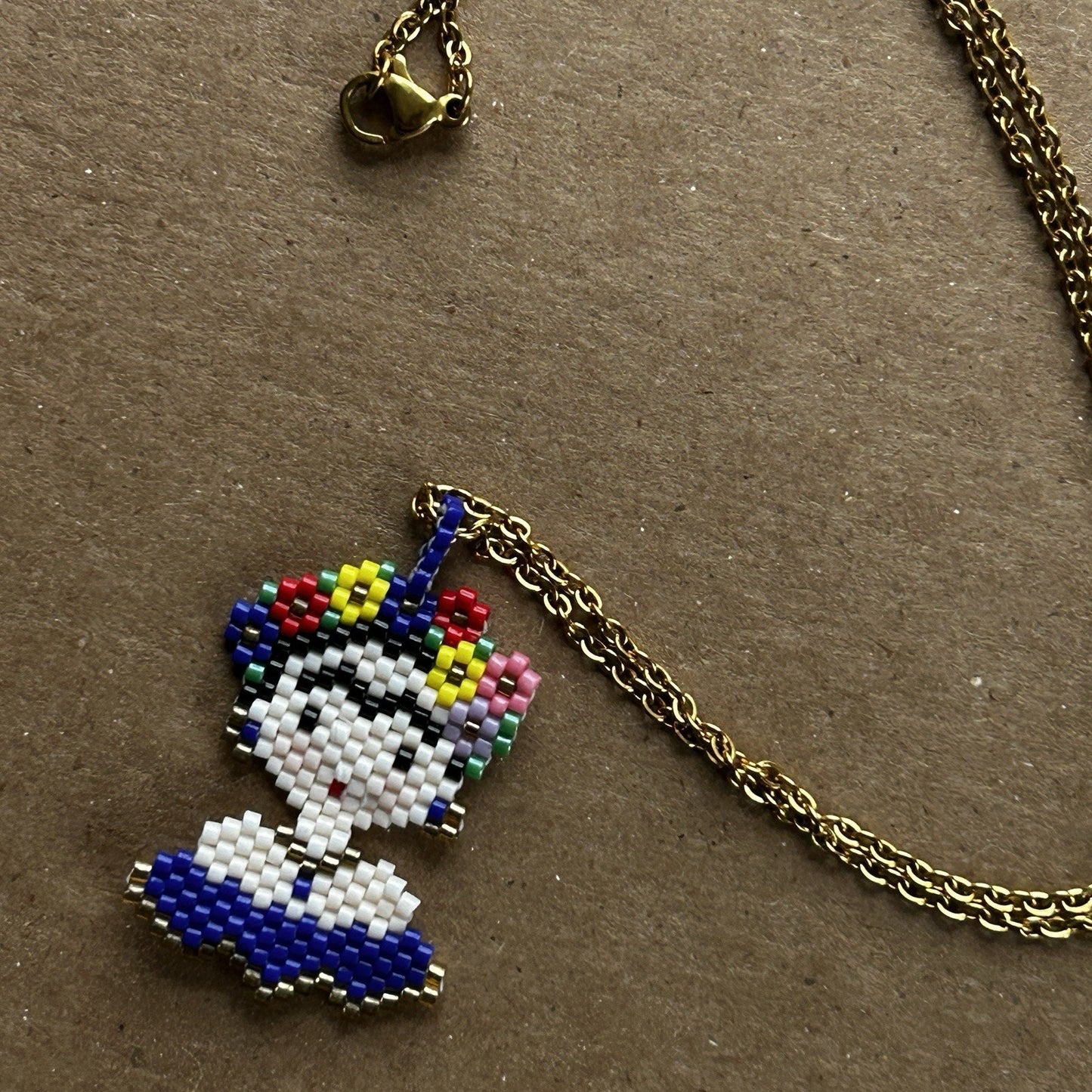 Gold Cable Chain Necklace with Multicolor Beaded Freida Kahlo Pendant, Handmade