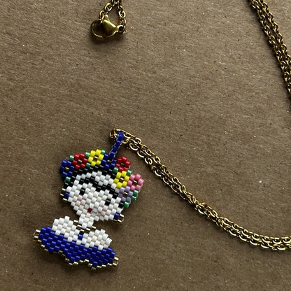 Gold Cable Chain Necklace with Multicolor Beaded Freida Kahlo Pendant, Handmade