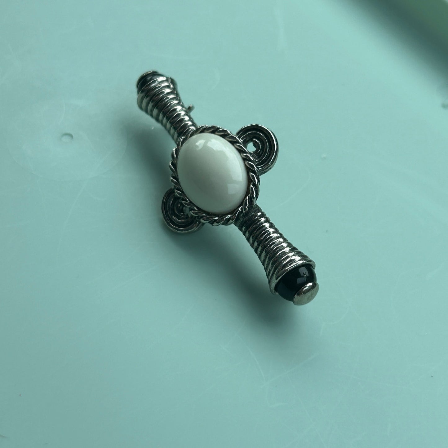 Vintage Art Deco Style Silver-Tone Bar Pin | Metal with Black & White Cabochon