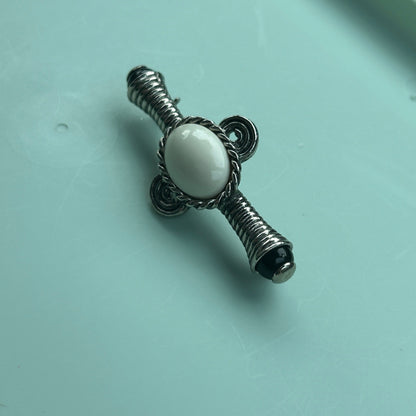 Vintage Art Deco Style Silver-Tone Bar Pin | Metal with Black & White Cabochon