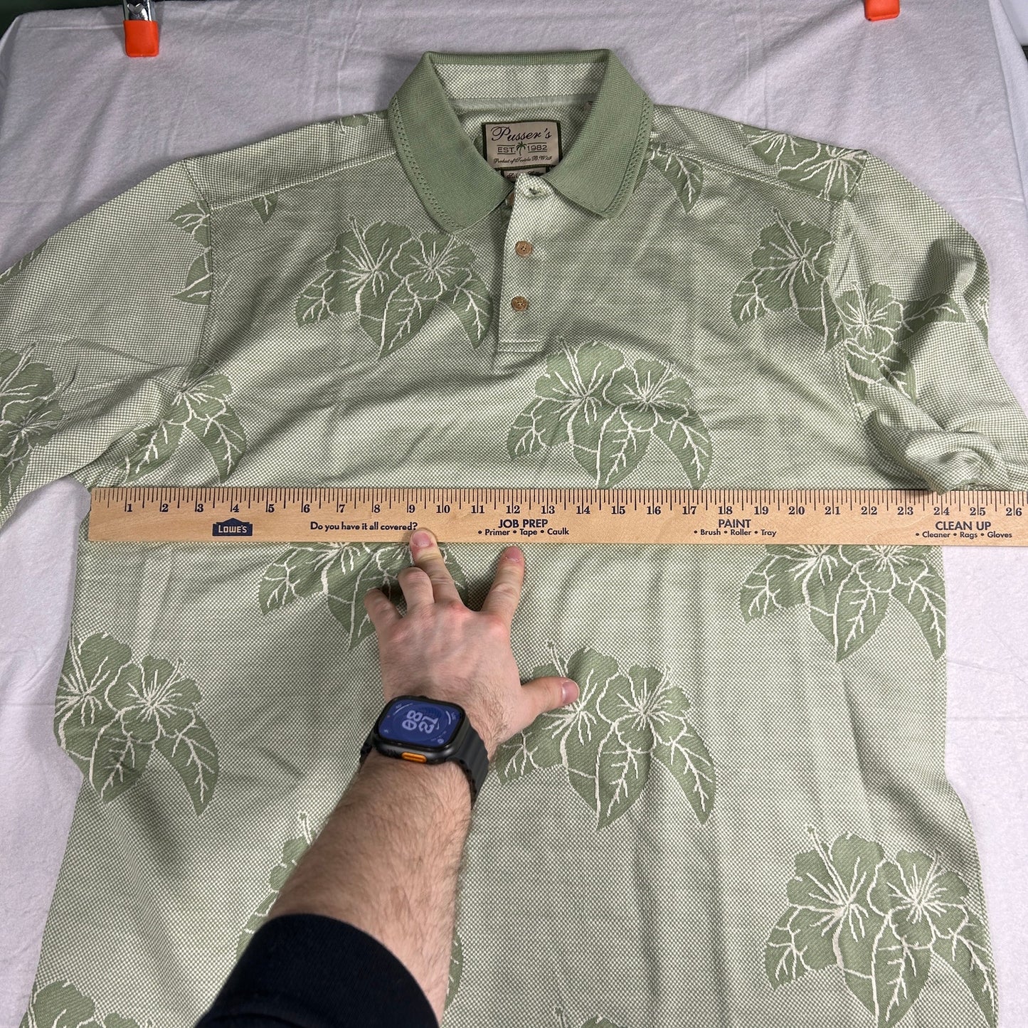 Pusser’s Tortola BVI Silk & Cotton Polo Shirt - Large - Sage Green Hibiscus Leaf Print