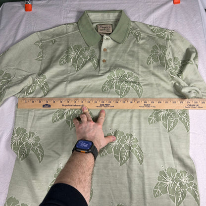 Pusser’s Tortola BVI Silk & Cotton Polo Shirt - Large - Sage Green Hibiscus Leaf Print