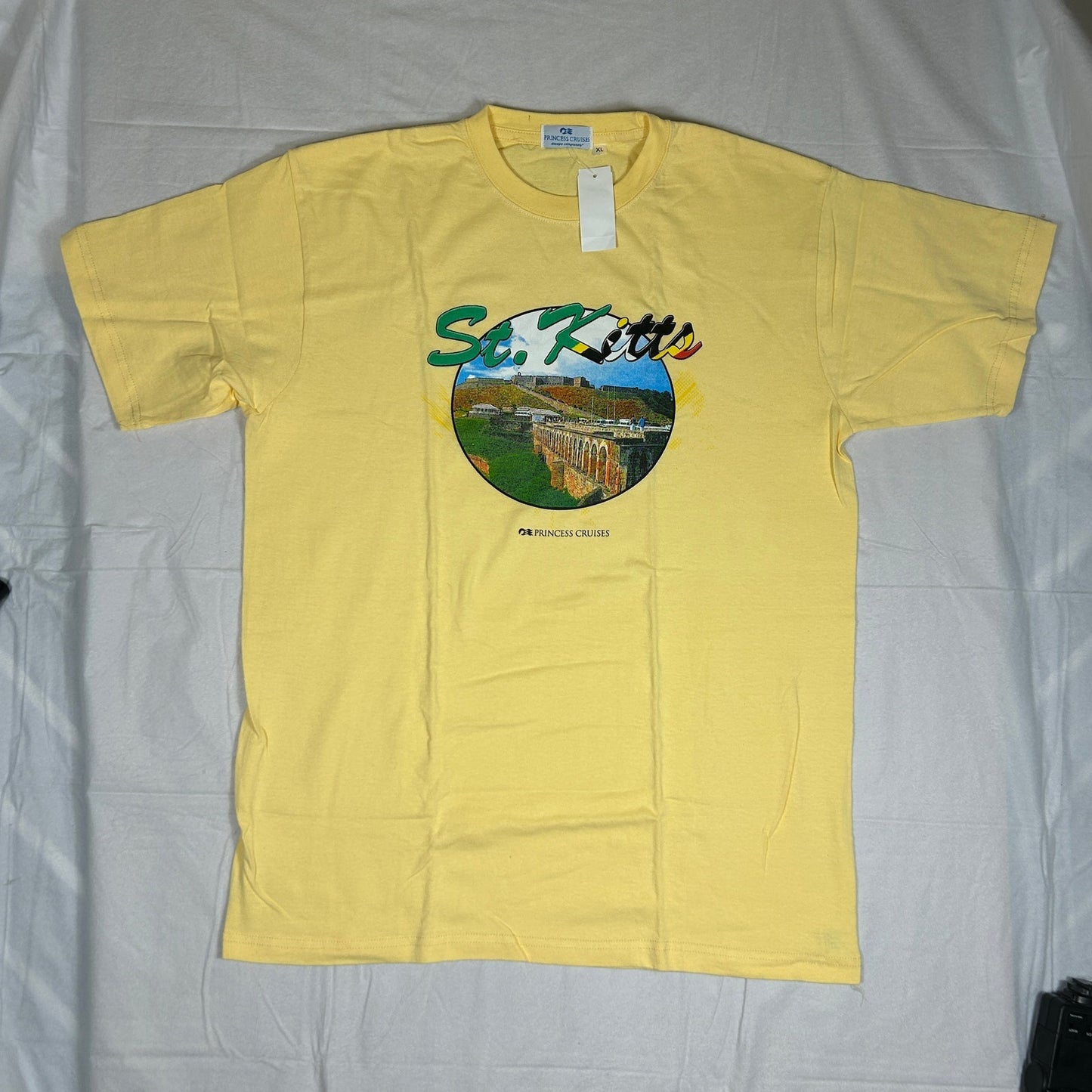 NWT Princess Cruises Men's XL St. Kitts Graphic T-Shirt Yellow Souvenir Beach