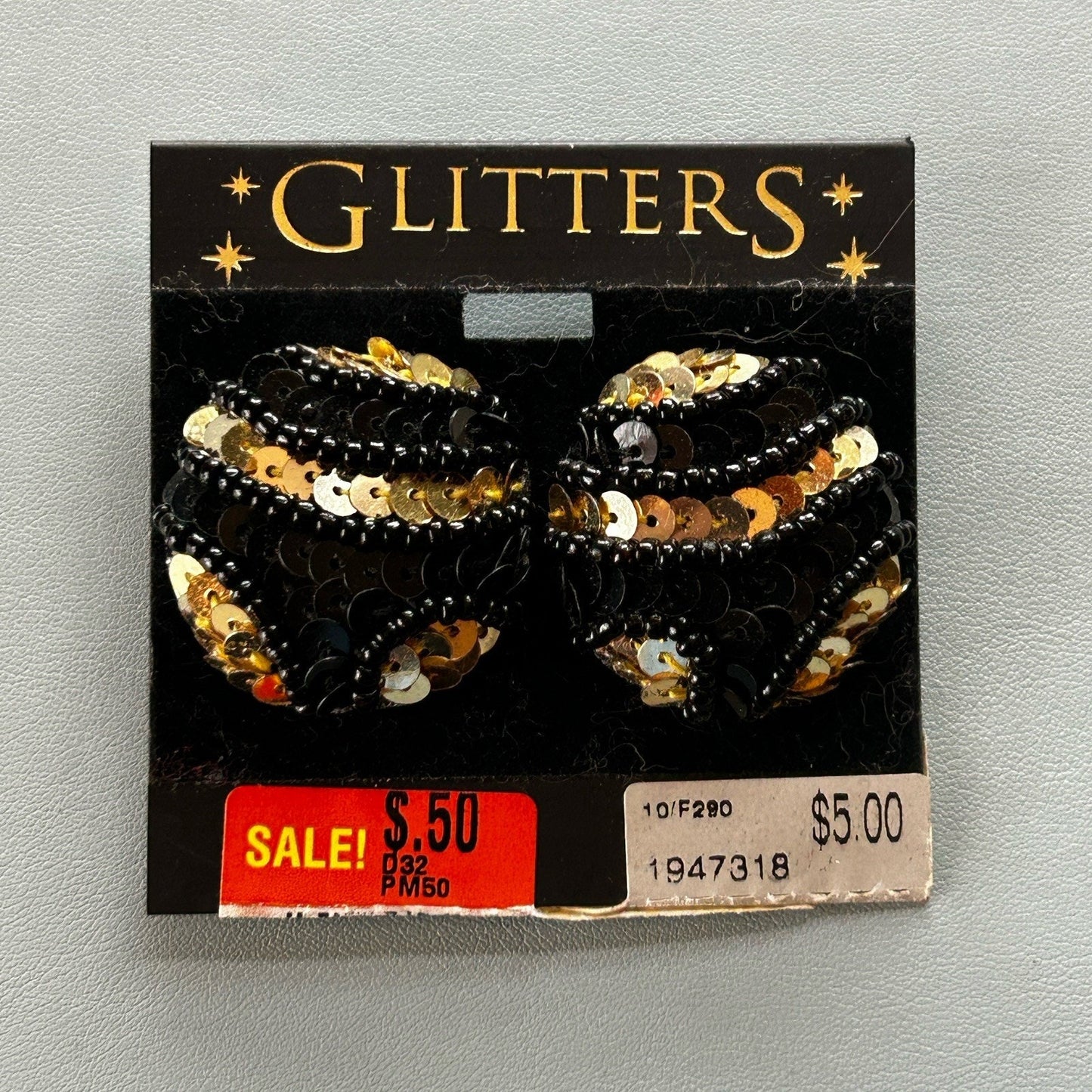 GLITTERS Black & Gold Round Beaded Earrings, Butterfly Closure, Pierced Lobes