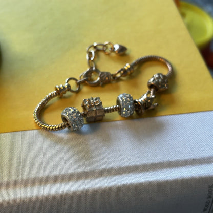 Gold Tone Adjustable Snake Chain Charm Bracelet with Crystal Bead Accents