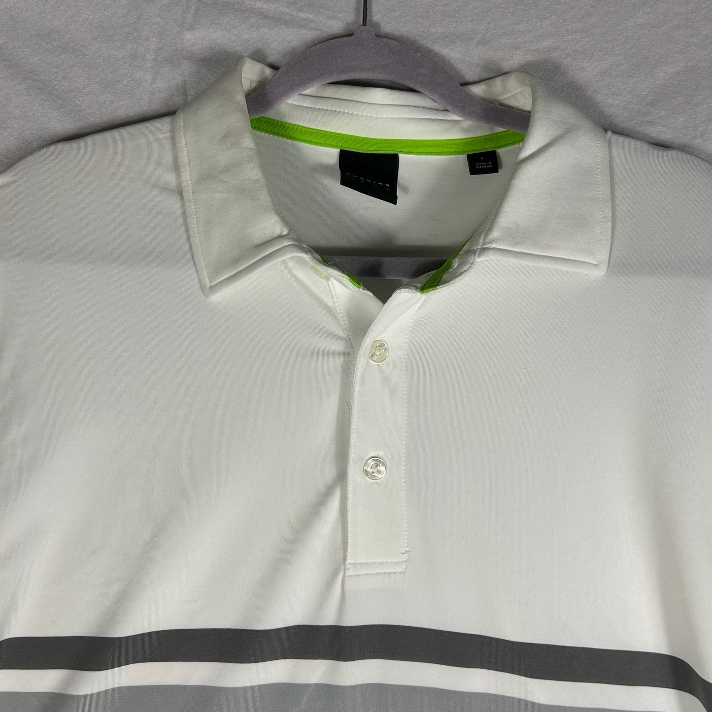 Dunning Golf Men's Large Performance Polo Shirt White with Green & Gray Stripes
