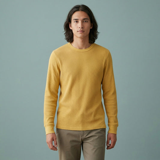 Gap Men’s Waffle Knit Thermal Long Sleeve Shirt - Mustard Yellow - Size Large