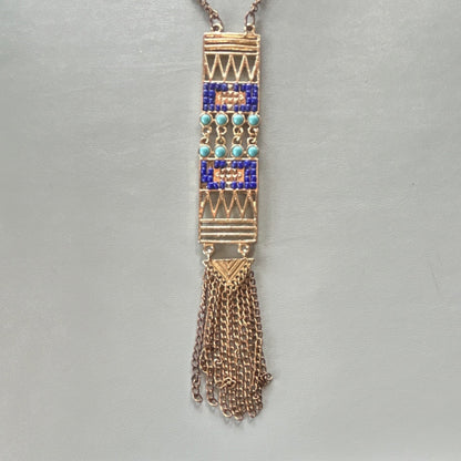 Gold Tone Tassel Pendant Necklace Blue Turquoise Glass Beads Cable Chain